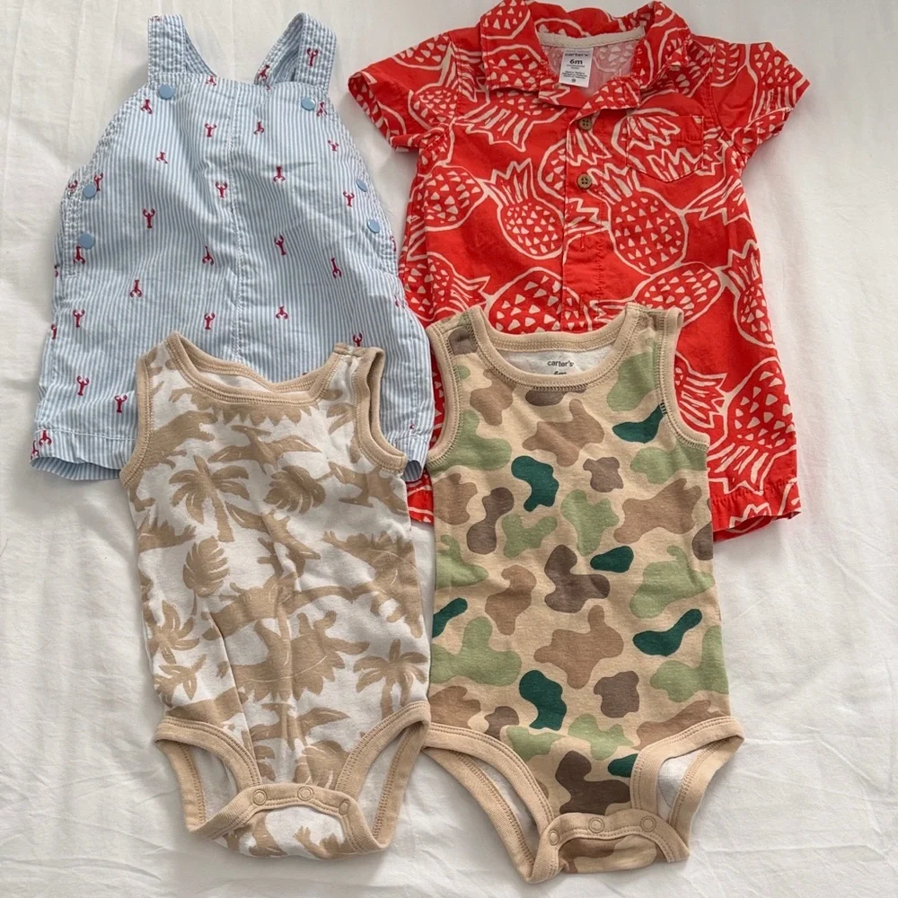 Carter's Red Pineapple Romper + Neutral & Blue Summer Onesies Set 6-months